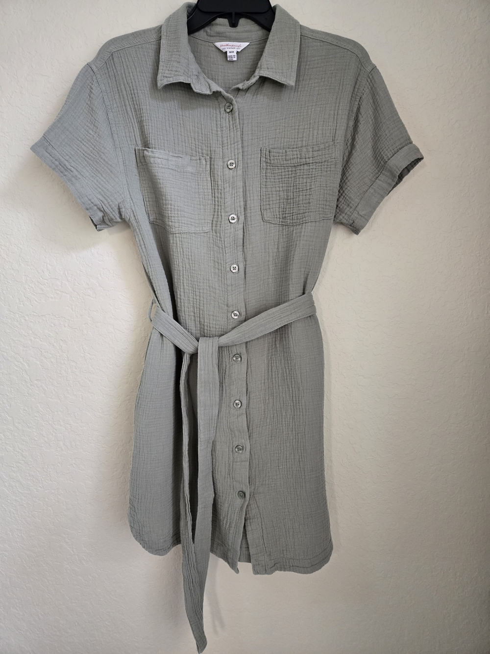 Weatherproof Sage Button-Front Mini Shirt Dress with Tie Waist